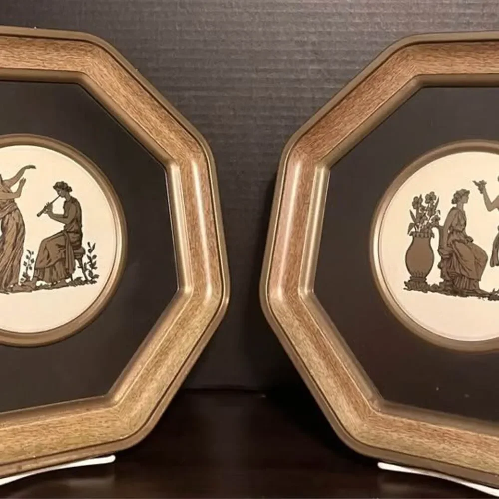 Vintage Mid Century Guildcraft Greek Neo-Classical Octagon Toleware Plaques - Pa